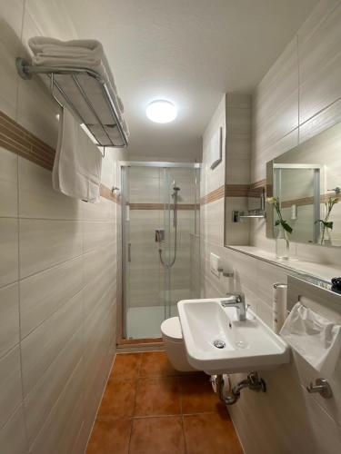 a bathroom with a toilet and a sink and a shower at Altstadthotel Marktheidenfeld in Marktheidenfeld