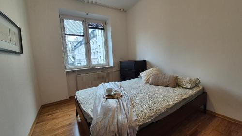 a bedroom with a bed and a window at Kościuszki Centrum Apartment in Łódź