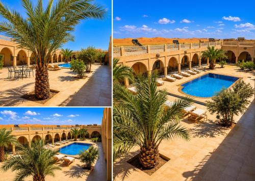 a resort with a palm tree in the desert at Riad Akabar Merzouga in Merzouga