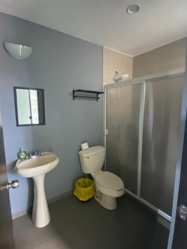 a bathroom with a toilet and a shower and a sink at Hermoso Departamento Ejecutivo 2 in Guadalupe