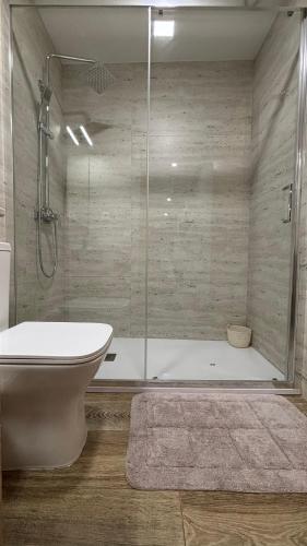 a bathroom with a shower and a toilet and a tub at As Casas do Penedo da Moura in Arcos de Valdevez