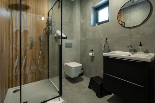 a bathroom with a shower and a toilet and a sink at Nowa Osada in Łącko