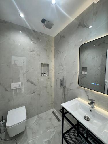 a bathroom with a sink and a toilet and a mirror at Villa e Diellit in Kaninë