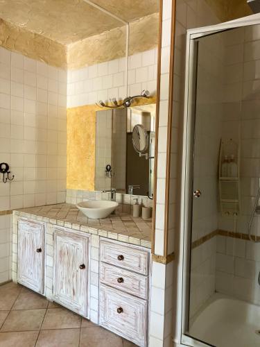 a bathroom with a tub and a sink and a shower at Mas des 4 fontaines in Robion en Luberon