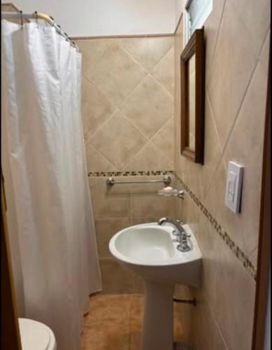 a bathroom with a sink and a shower curtain at El rincón in Merlo
