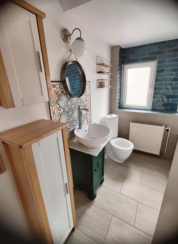 a bathroom with a sink and a toilet and a mirror at Ressel Mansion in Bitterfeld
