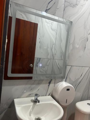 a bathroom with a sink and a mirror and a toilet at Hotel Danmar in Ventanas