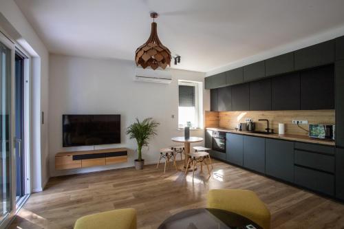 a kitchen with black cabinets and a table and chairs at Willow Nest in Balatonfůzfő