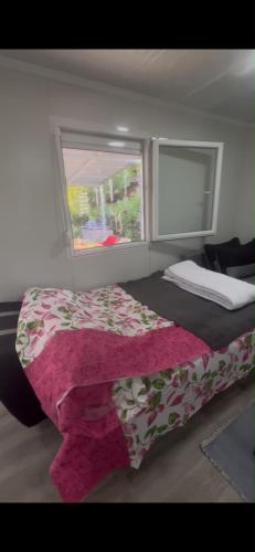a bedroom with a bed with a pink blanket and a window at Villa Viva Jama in Novi Sad
