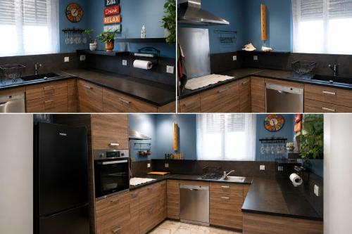a kitchen with wooden cabinets and a black refrigerator at Villa J et V in Bédarrides