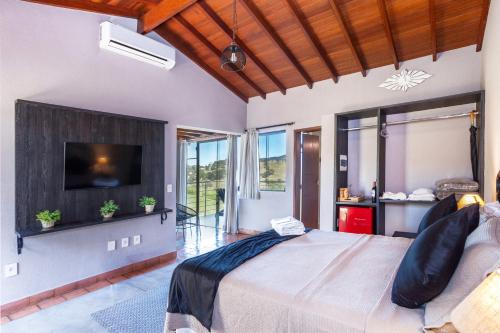 a bedroom with a bed and a flat screen tv at Pousada Estância das Montanhas Boutique in Águas de Lindoia