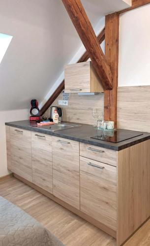 a kitchen with wooden cabinets and a counter top at Hotel Garni Villa Areka in Český Krumlov