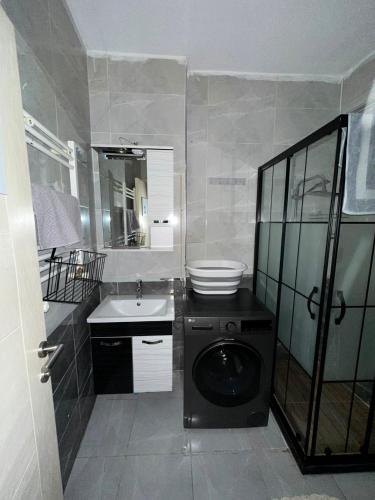 a bathroom with a washing machine and a sink at Rain Suite in Istanbul