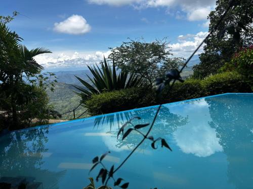 a swimming pool with a view of the mountains at Shvaas Boutique Villa in Dambawelagama