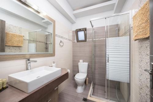a bathroom with a sink and a toilet and a shower at Villa Vatia 2 in Tragaki