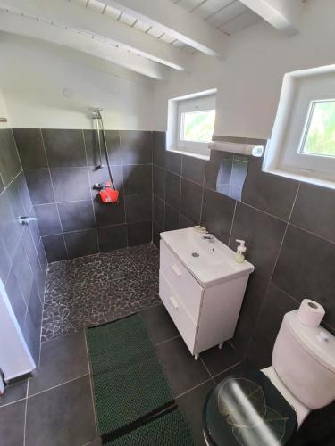 a bathroom with a white sink and a toilet at Terakota lodge in Deshaies