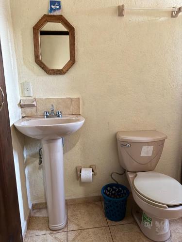 a bathroom with a sink and a toilet and a mirror at Hotel Casa de Los Abuelos in Bernal