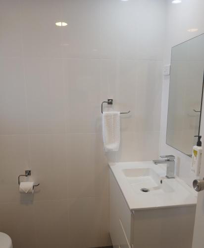 a white bathroom with a sink and a mirror at Peppercorn Motel in Clermont