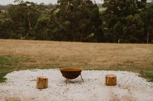 a bowl and two wooden stumps in a field at Wandagar Eco Tent - Carnaby in Pemberton