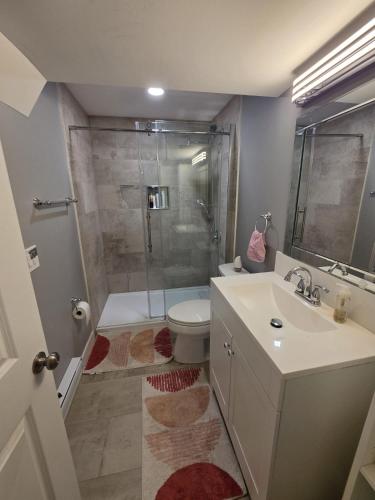 a bathroom with a shower and a toilet and a sink at Cozy New 2BR Suite Retreat in Calgary