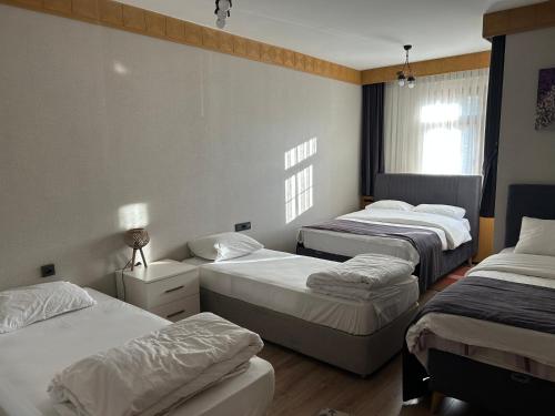 a room with three beds and a window at Aydere Apart Hotel in Ayder Yaylasi