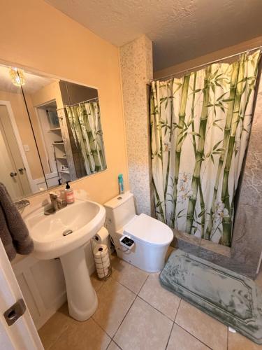 a bathroom with a sink and a toilet and a shower curtain at Laie Temple Hale in Laie