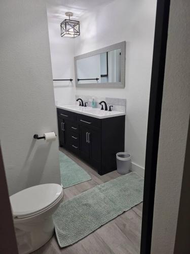 a bathroom with a sink and a toilet and a mirror at River Run Retreat in Kerrville