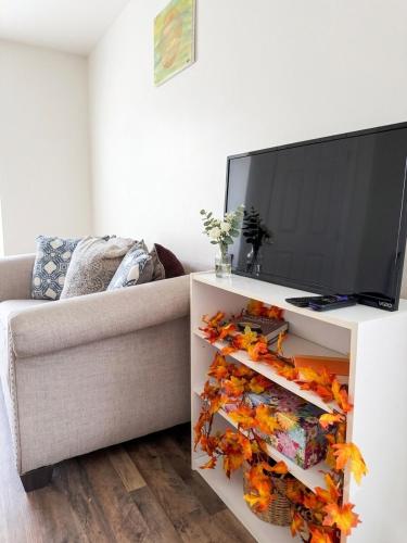 a living room with a tv and a couch at Charming And Cozy Studio In Oleander Sunset in Bakersfield