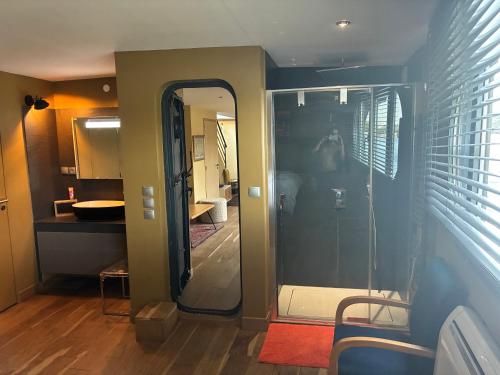 a bathroom with a shower with a glass door at Peniche Casa Luze in Issy-les-Moulineaux