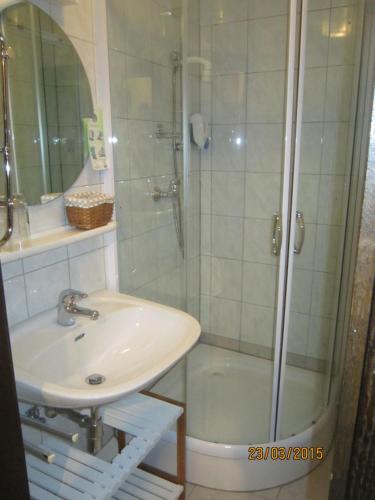 a bathroom with a sink and a shower at Pension Landhaus Ingrid in Loich