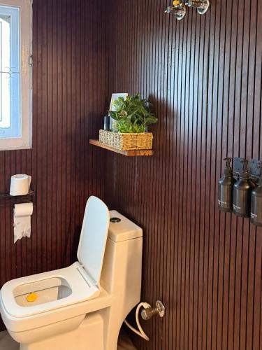 a bathroom with a white toilet and a brown wall at Sunshine Stays in Siliguri