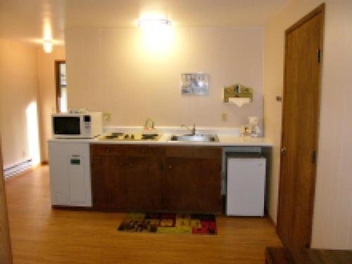 a kitchen with a sink and a microwave at Mountain View Lodge in Packwood