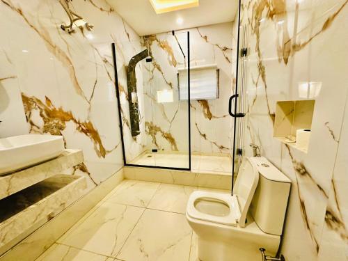 a bathroom with a toilet and a shower at Presken Hotel Castle, Opebi Lagos in Lagos
