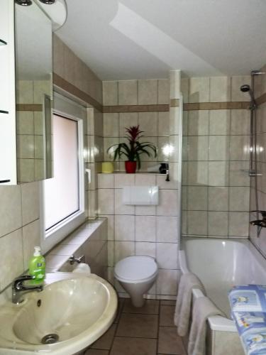 a bathroom with a sink and a tub and a toilet at Hexenhaus am Waldesrand Wernigerode in Wernigerode