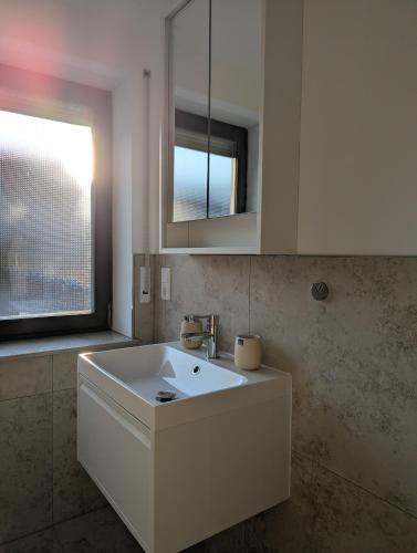 a bathroom with a white sink and a window at Main Ferienwohnung Erlabrunn in Erlabrunn