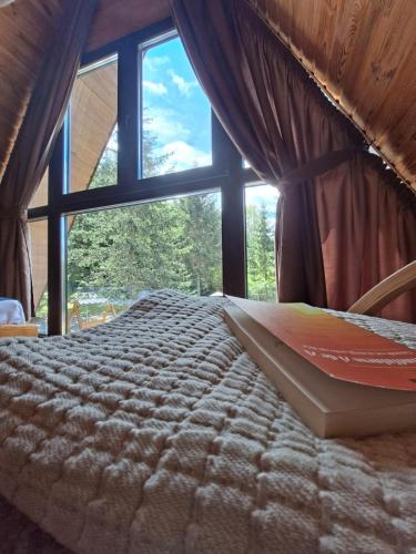 a bedroom with a bed with a large window at Cabana Armonia Naturii in Avrig