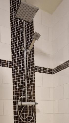 a shower with a black and white tiled wall at Hotel Garni Am Lindenhof Bunde in Bunde