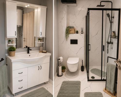 two pictures of a bathroom with a sink and a shower at Holiday Home Alen - Una National Park Retreat - with Garden & Terrace in Kulen Vakuf