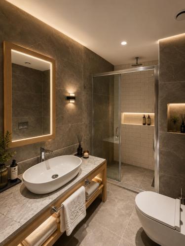 a bathroom with a sink and a tub and a toilet at Cher Hotel Eyüp in Istanbul