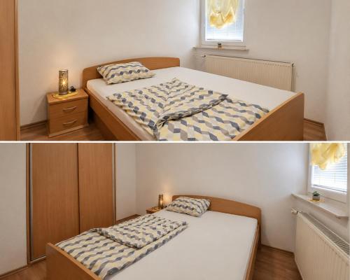 two pictures of a bedroom with a bed at Apartment CDR in Zreče
