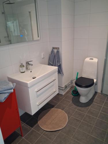 a bathroom with a white sink and a toilet at Sjöutsikt med bastu som tillval in Tällberg