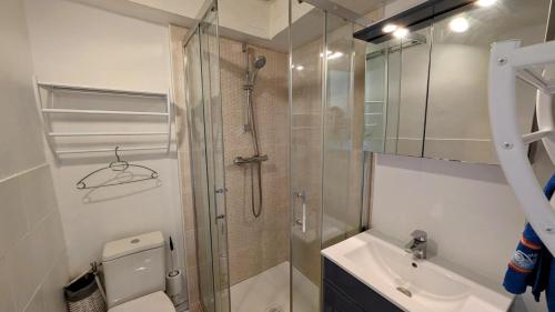 a bathroom with a shower and a toilet and a sink at Petit villetelle in Cheissoux