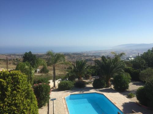 a villa with a swimming pool and palm trees at Drouseia Villa in Droushia