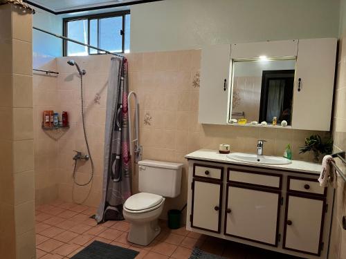 a bathroom with a toilet and a shower and a sink at Belle Maison F3 in Papeete