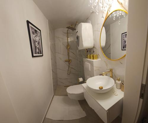 a bathroom with a sink and a toilet and a mirror at Luni Studio Apartment with garden in Kaštela