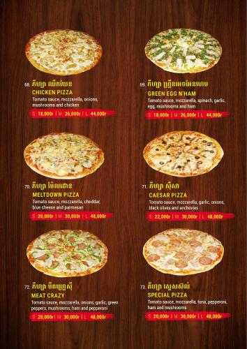 a section of the menu of the pizzeria at Pomelo Travel Outpost Cambodia ដំណាក់ភ្នំក្រោម in Phumĭ Rœssei Lŭk