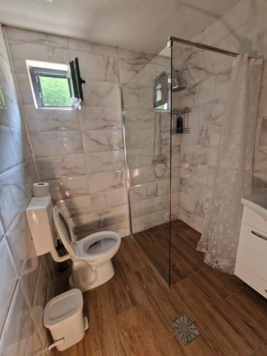 a bathroom with a toilet and a shower at River Zen House in Šipovo