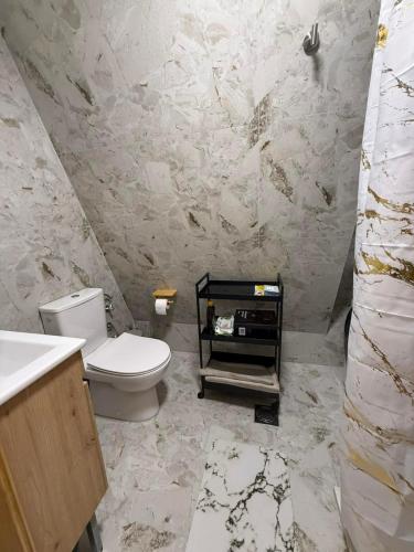 a bathroom with a toilet and a marble wall at TriView in Žabljak
