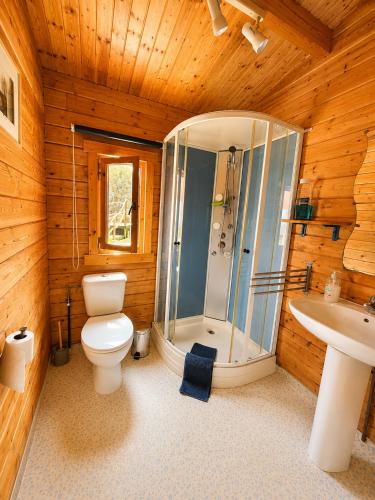 a bathroom with a shower and a toilet and a sink at Finca Mariposa Mariposaholidays in Nerja