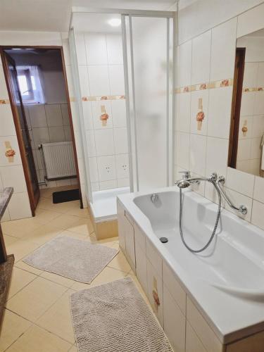 a bathroom with a tub and a shower and a sink at Chalupa u dvou žab in Janov